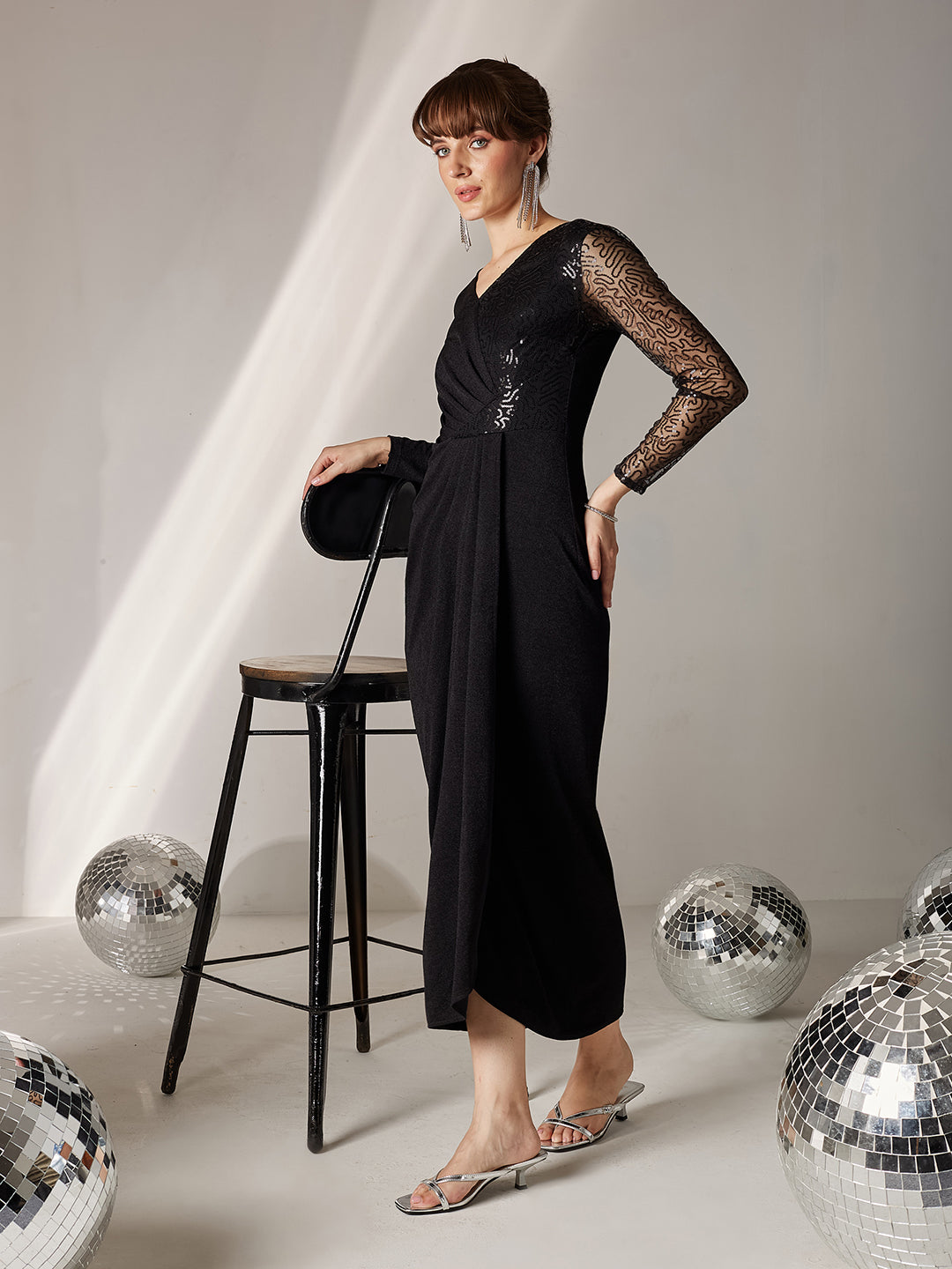 Women's Black V-Neck Full Sleeve Embellished Pleated Longline Dress