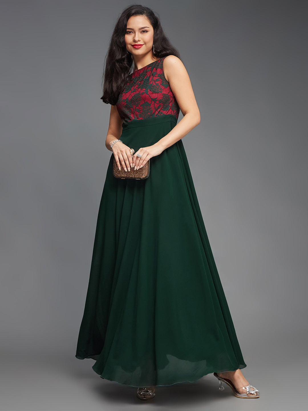 Dark Green Sleeveless Fit and Flare Lace Dress for Women