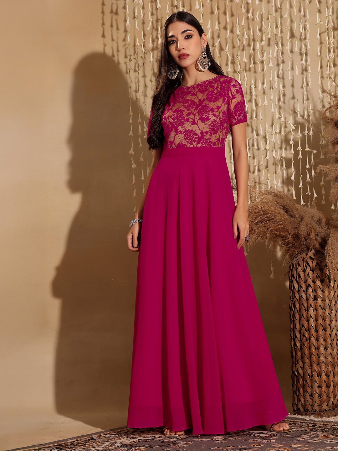 Women's Dark Pink Round Neck Half Sleeve Self-Designed Fit & Flare Georgette Maxi Dress
