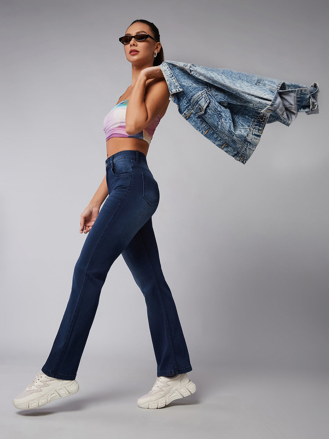 24/7 Comfort Navy-Blue Wide-Leg Mid-Rise Stretchable Denim Jeans