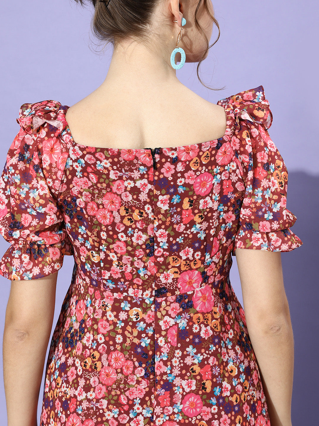 Women's Multicolored-Base-Wine V-Neck Puff Sleeve Floral Ruching Ankle-Length Dress