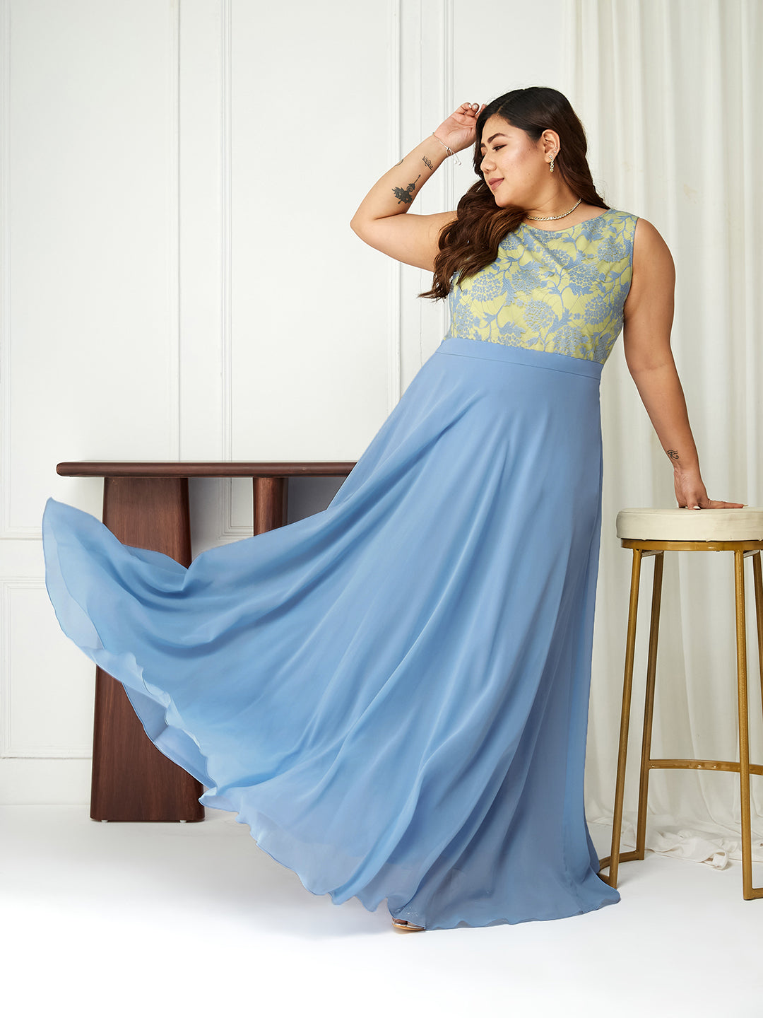 Body Bliss Sky Blue Georgette & Lace Floral Fit & Flare Maxi Dress
