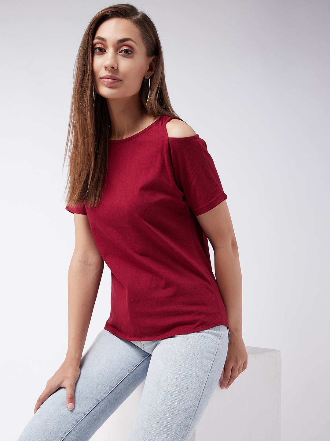 Women's Maroon Round Neck Half Sleeve Solid Cut Out Top