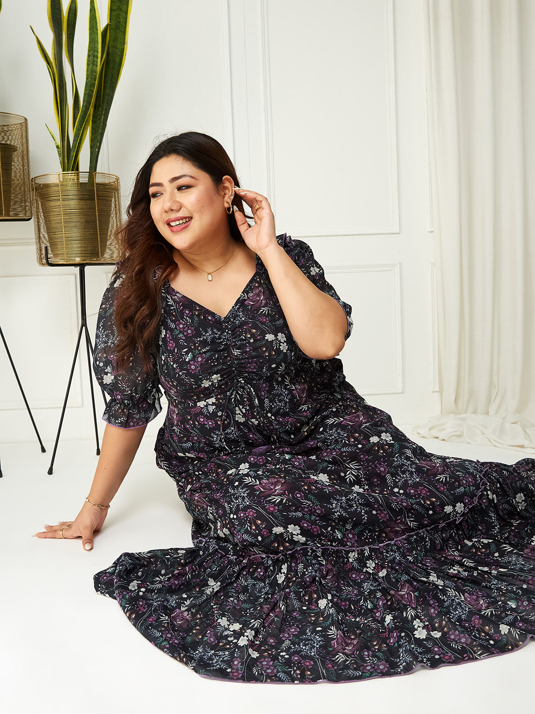 Black Multicoloured Floral Printed Puff Sleeves Sweetheart Neck Fit and Flare Maxi Dress Gown for Women