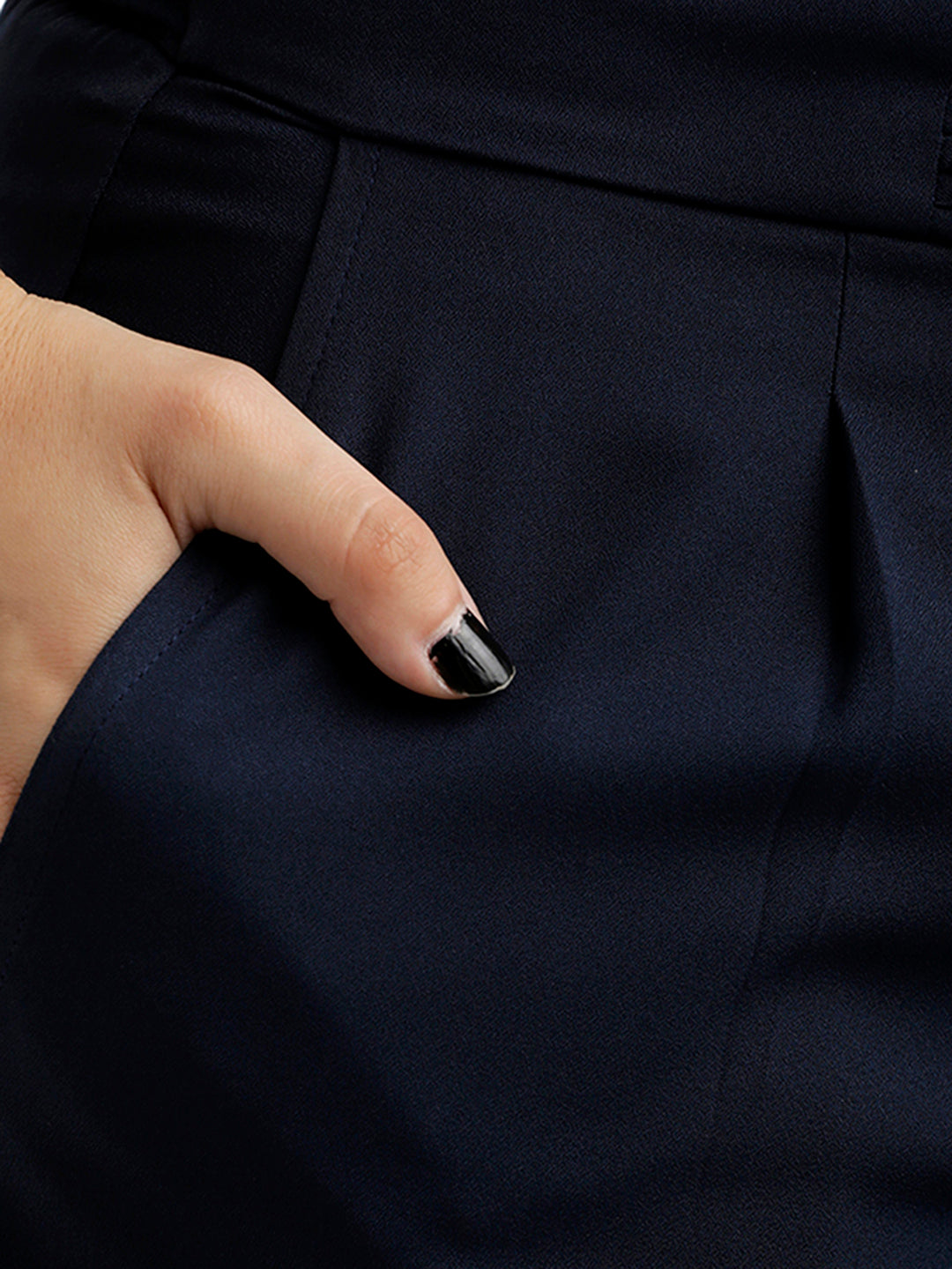 Women's Navy Blue Solid Straight Fit Criss Cross Detailing Waist Tie-Up Pant