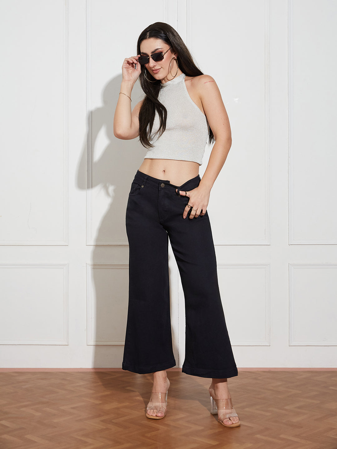 Women's Black Wide-Leg Mid Rise Clean Look Cropped Stretchable Denim Jeans