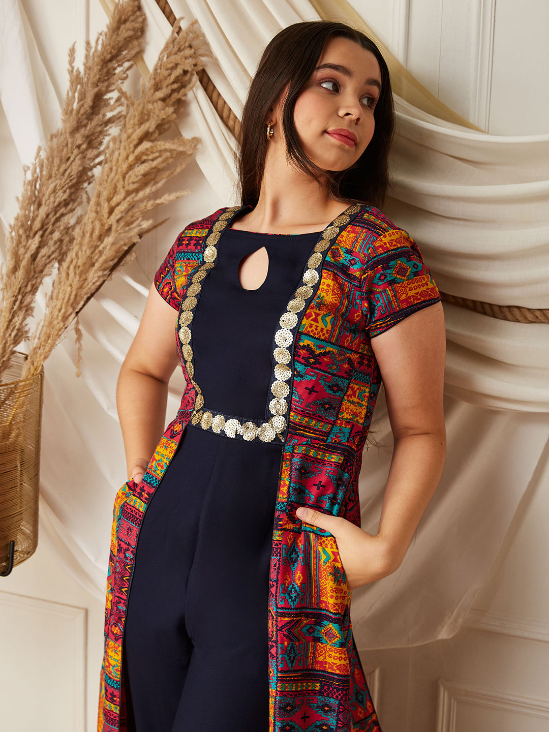 Multicolored-Base-Navy Blue Keyhole-Neck Regular Sleeve Bohemian Paneled Viscose-Rayon Regular-Length Jumpsuit