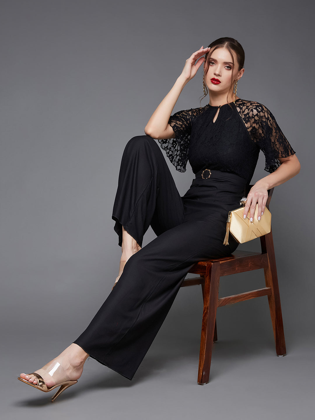 Black Round Neck Flared Sleeve Floral Raglan Regular Jumpsuit For Women