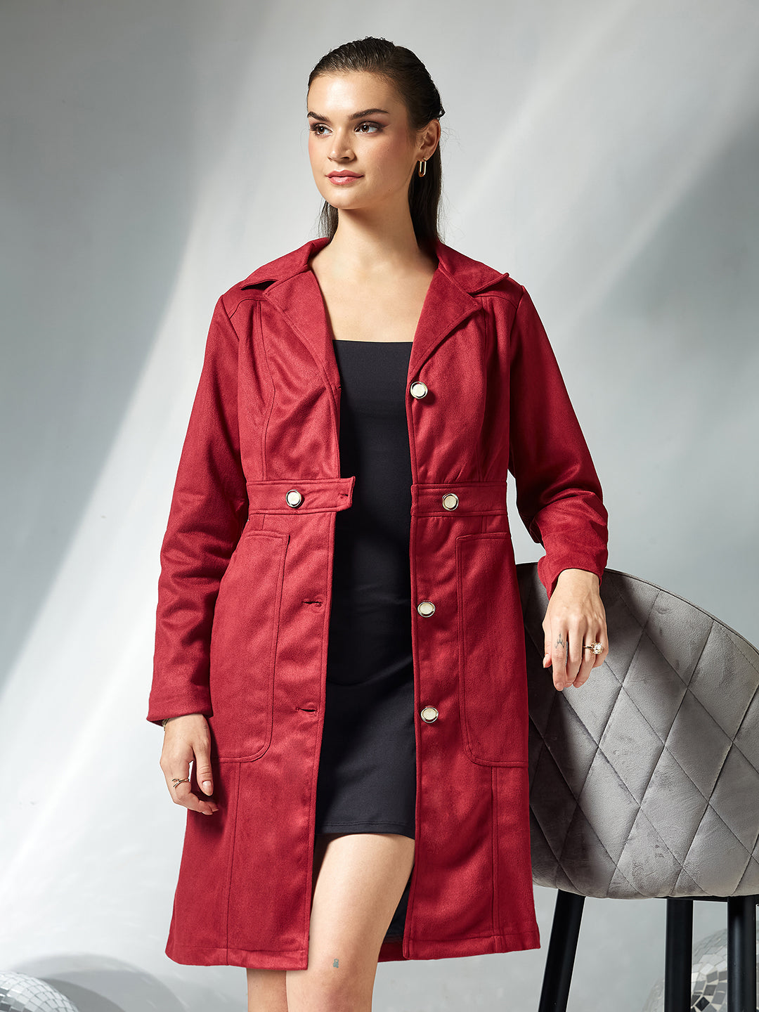 Women's Dark Red Solid Shirt Collar Full Sleeves Patched Pocketed Polyester Button Down Longline Jacket