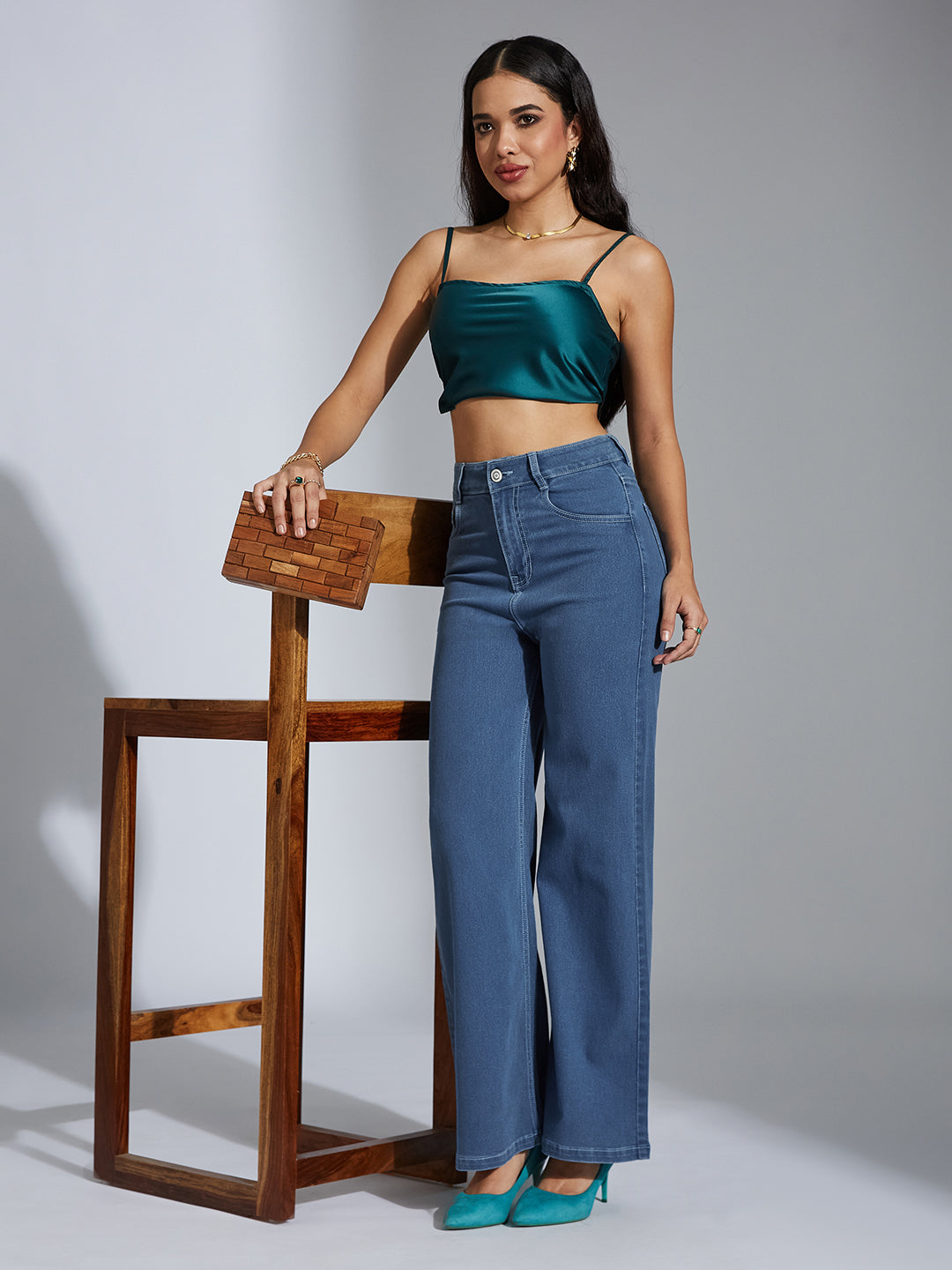 24/7 Comfort Blue Wide-Leg High-Rise Stretchable Denim Jeans