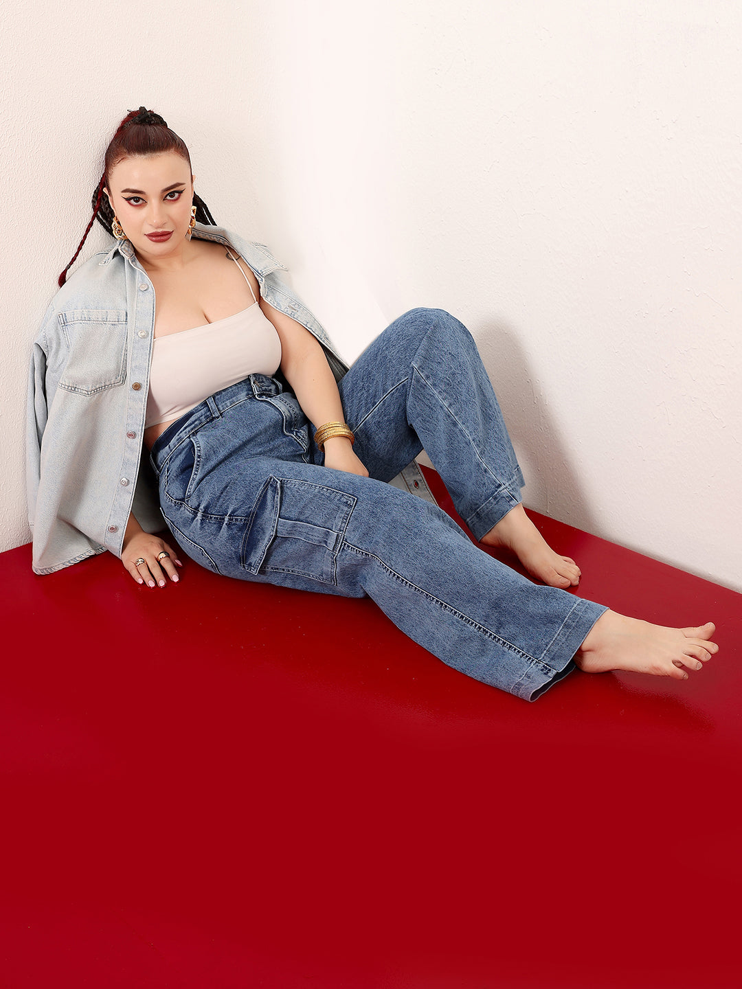 Women's Light Blue Wide-Leg High-Rise Clean-Look Stretchable Flared Cargo-Style Denim Jeans