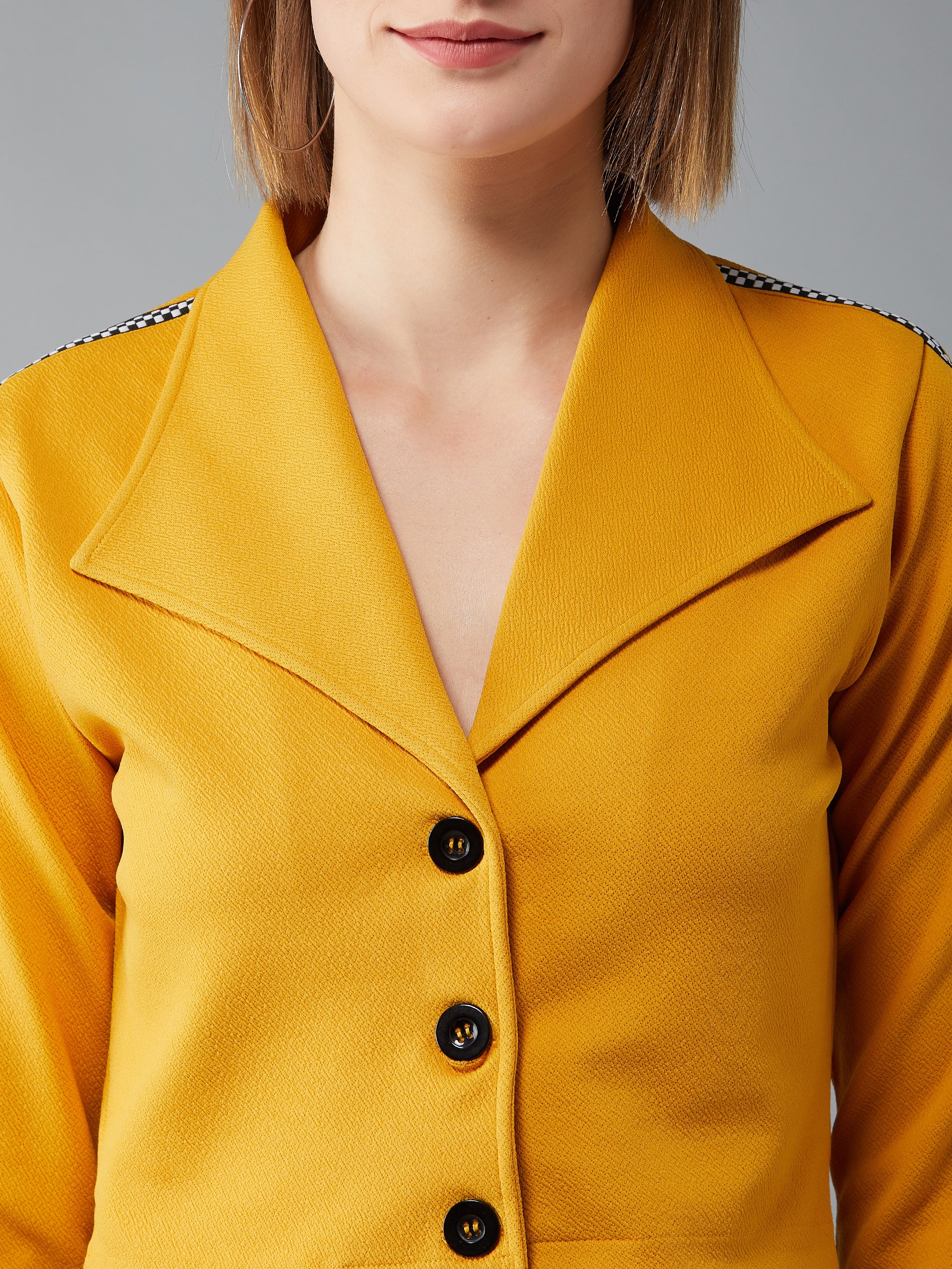 Women's Mustard Collared Full Sleeves Polyknitted Solid Cropped Twill Tape Detailing Jacket