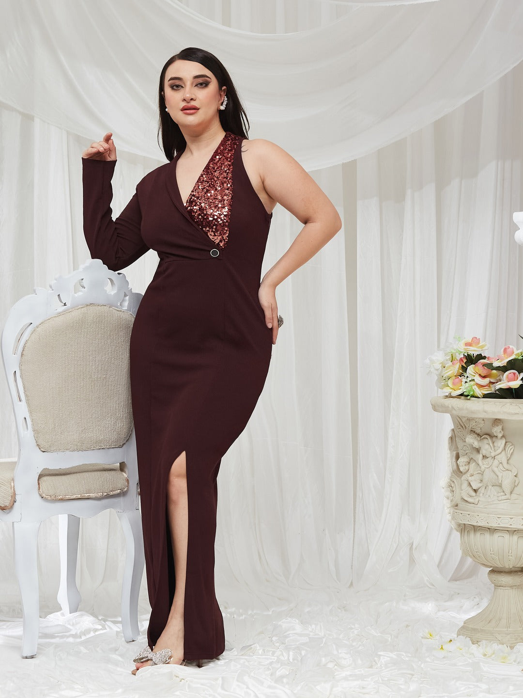 Wine V Neck Asymmetric Sleeve Embellished Blazer Maxi Dress for Women — Miss Chase A+