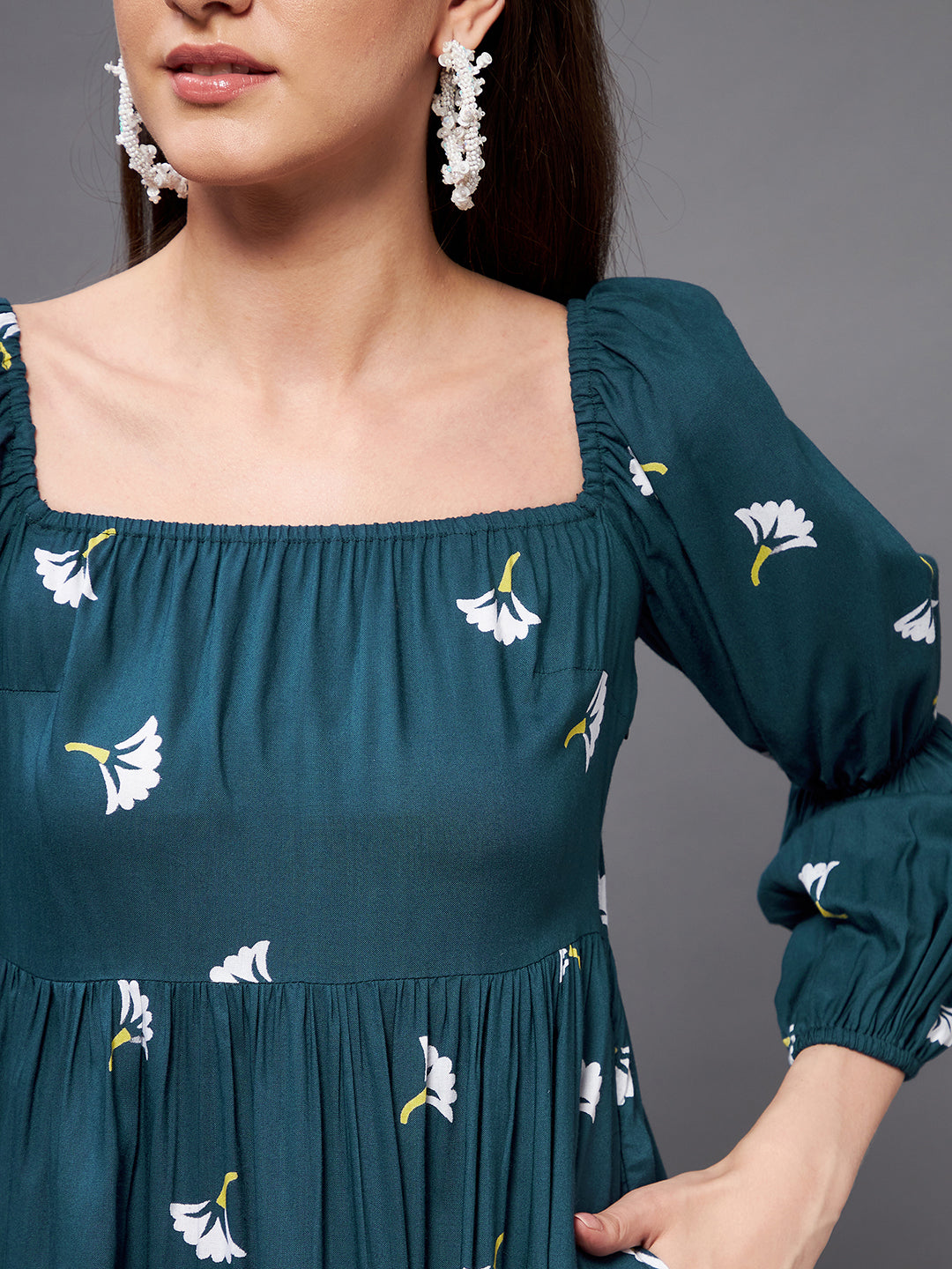 Women's Multicolored-Base-Teal Square Bishop Sleeve Viscose Rayon Floral Gathered Above Knee Dress
