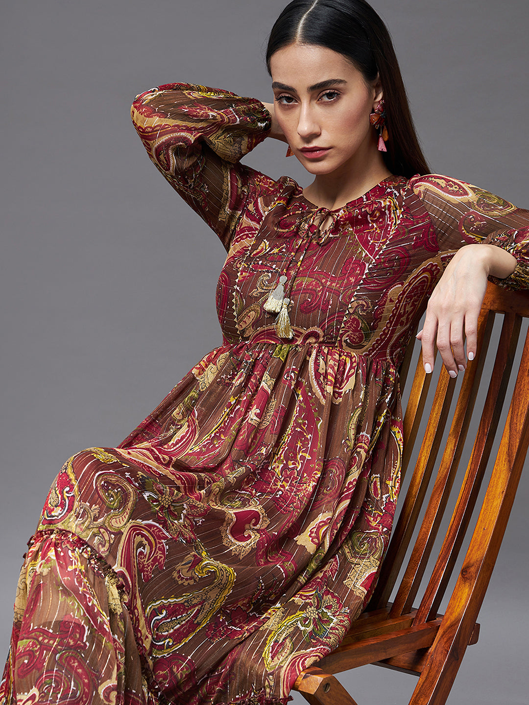 Brown Full Sleeves Printed Maxi Dress Long Dress Frock