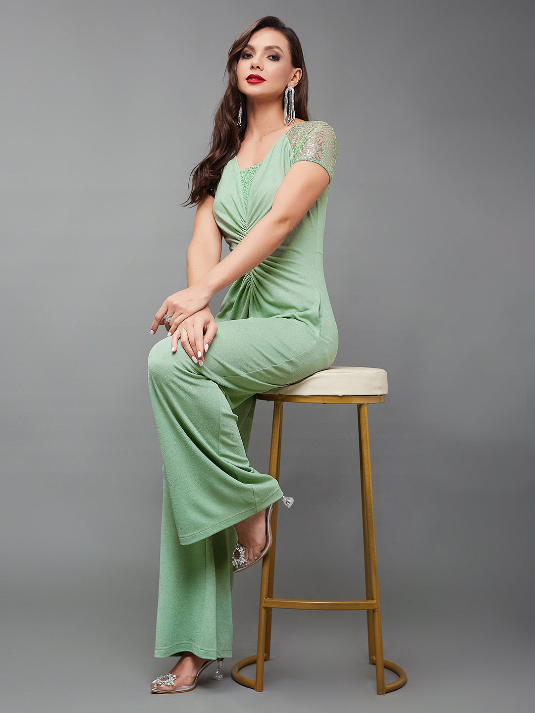 Crease Ease Women's Cocktail Mint Sheer Sleeves Sequined Ruching Party Jumpsuit
