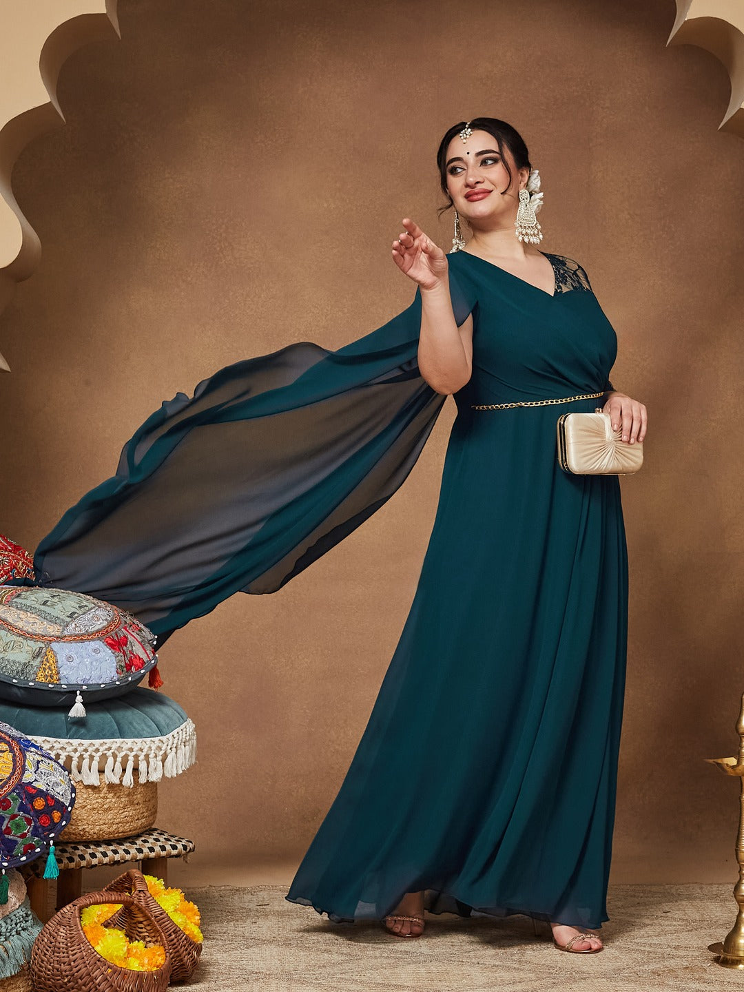 Teal V-Neck Asymmetric Self-Designed Georgette Maxi Dress for Women