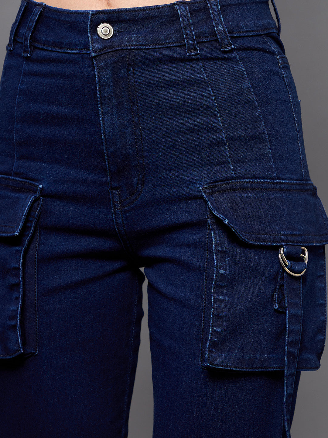 24/7 Comfort Navy-Blue Bell-Bottom Bootcut High-Rise Stretchable Cargo Denim Jeans