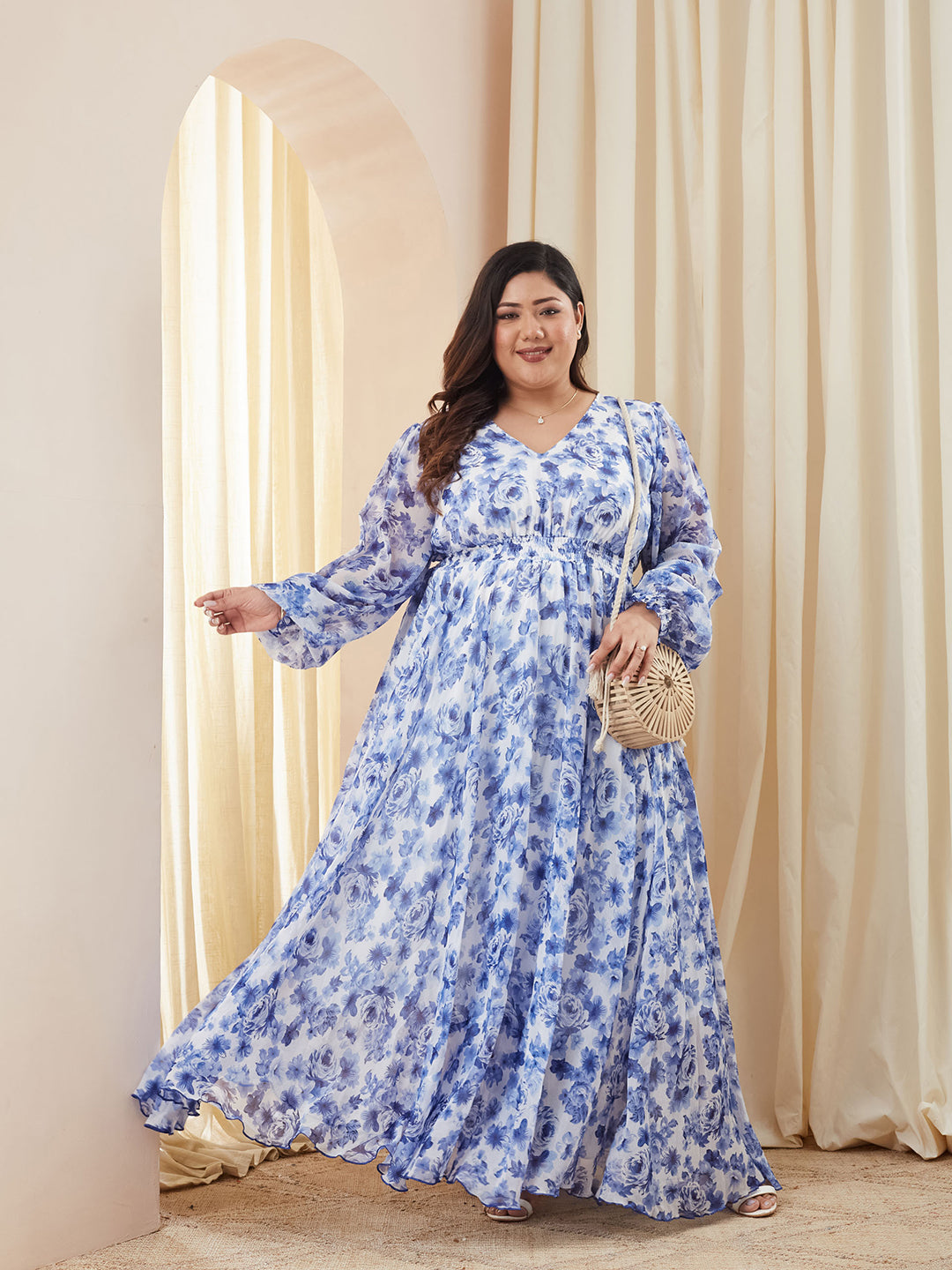 Multicolored Base White V-Neck Full Sleeve Floral Gathered Chiffon Maxi Dress for Women