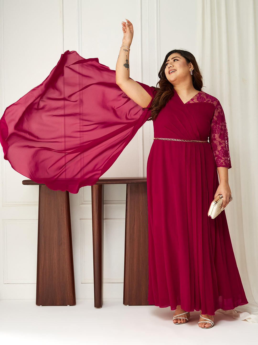 Dark Pink Assymetric Three-Quarter Sleeve Lace Maxi Dress for Women | Mehendi to Sangeet Collection