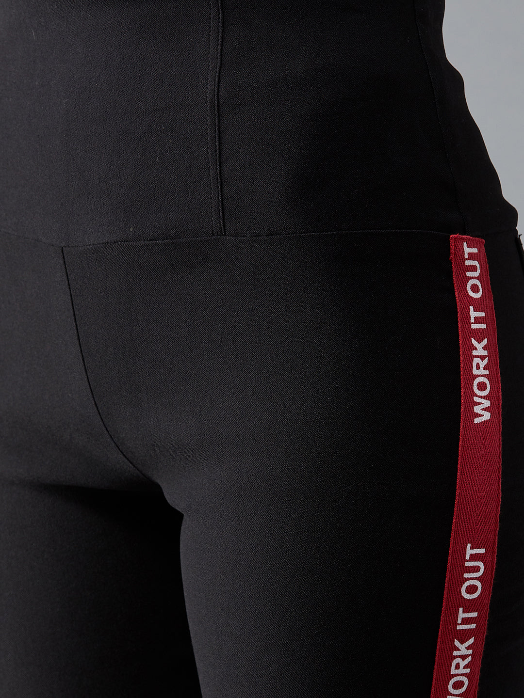 Women's Black Twill Tape Detailing Solid High-Waist Regular Length Patch Pocket Treggings