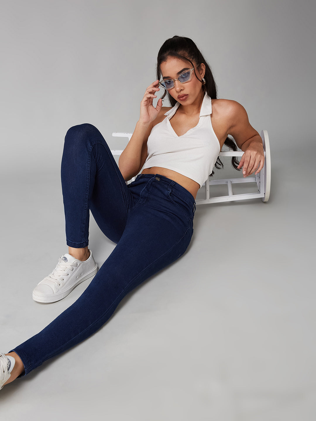 Women's Navy Blue Skinny High-Rise Clean-Look Regular Stretchable Denim Jeans