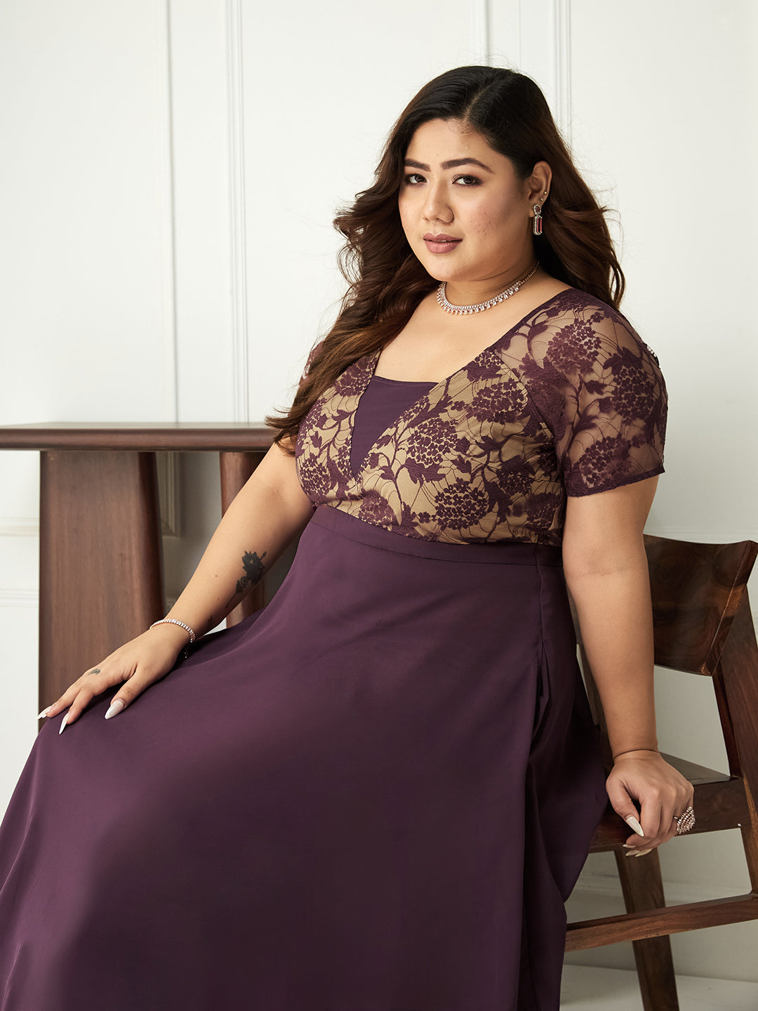 Mauve Short Sleeves Lace Fit and Flare Maxi Dress Long Dress Gown for Women | Mehendi to Sangeet Collection
