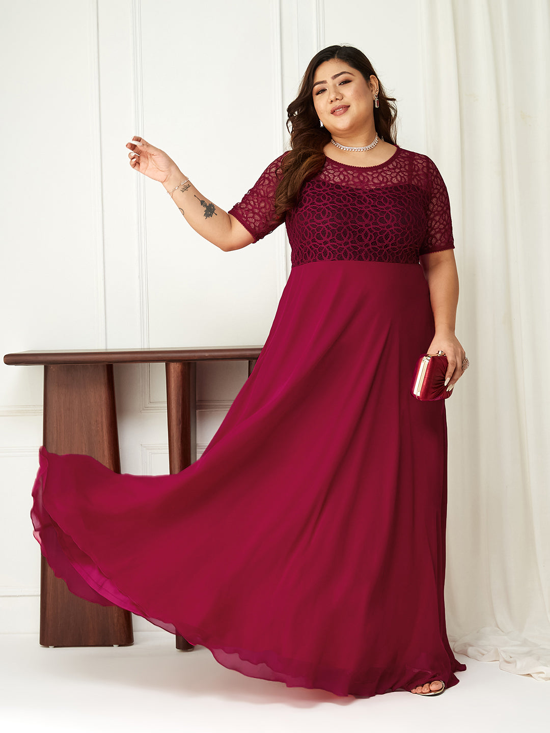 Dark Pink Short Sleeves Lace Fit and Flare Maxi Dress Long Dress Frock for Women