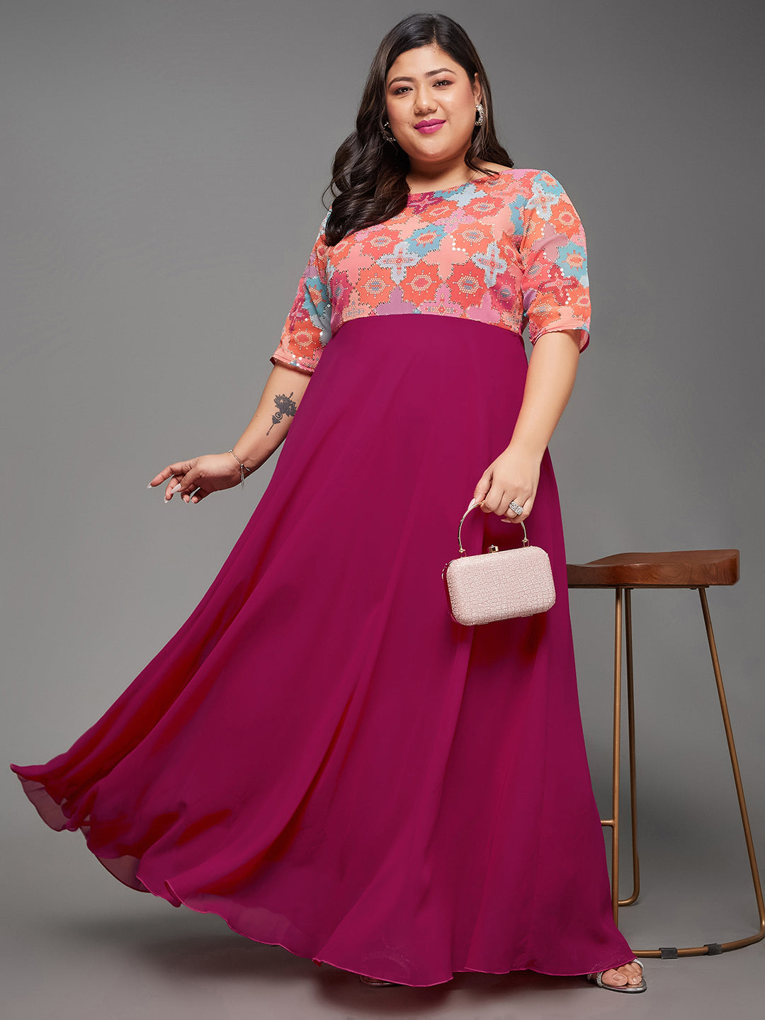 Body Bliss Multicolored-Base-Dark Pink Fit & Flare Georgette Maxi Dress