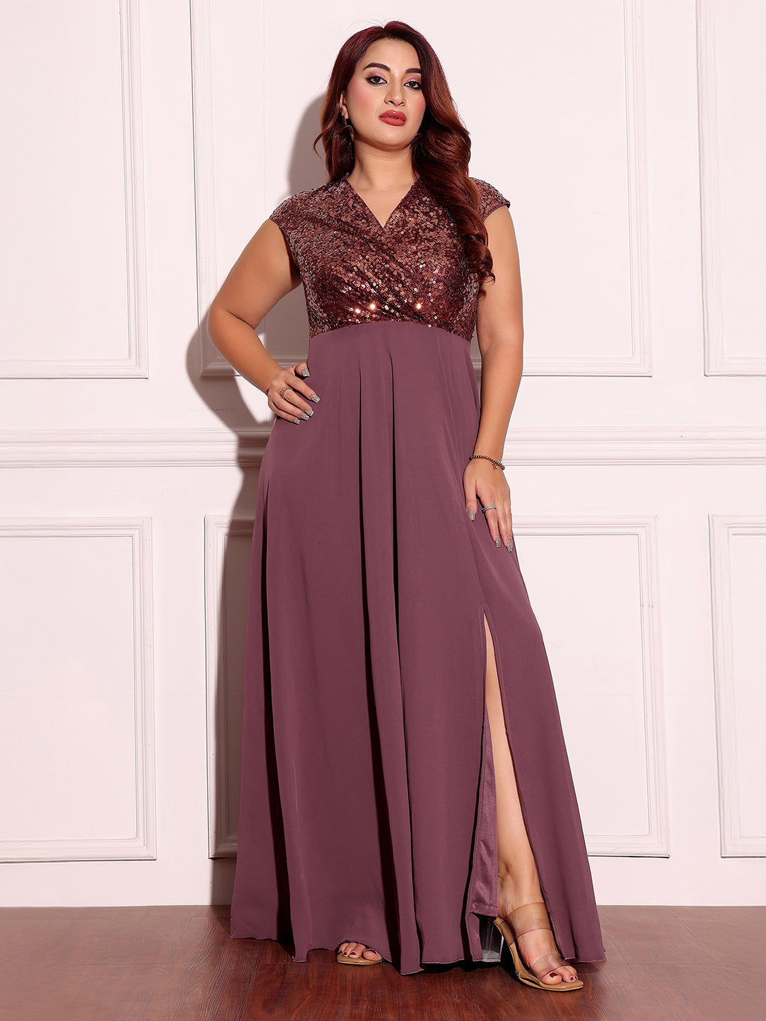 Mauve & Wine Sleeveless Fit and Flare Sequinned Maxi Dress Long Dress Frock for Women