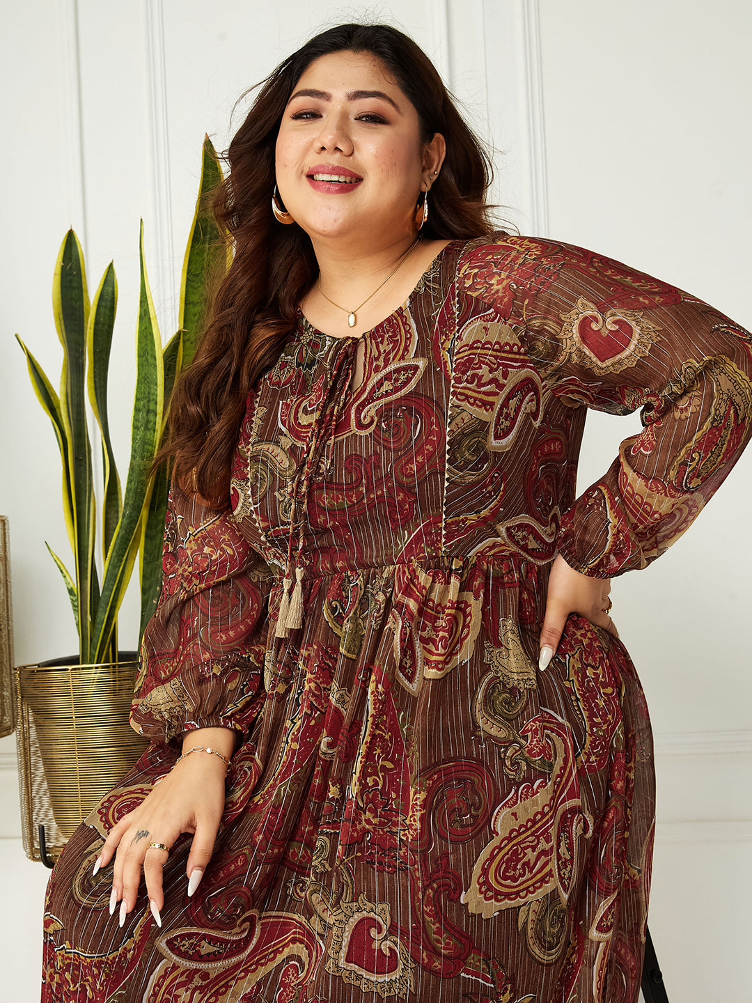 Multicolored-Base-Brown Relaxed Fit Maxi Lurex Chiffon Dress for Women