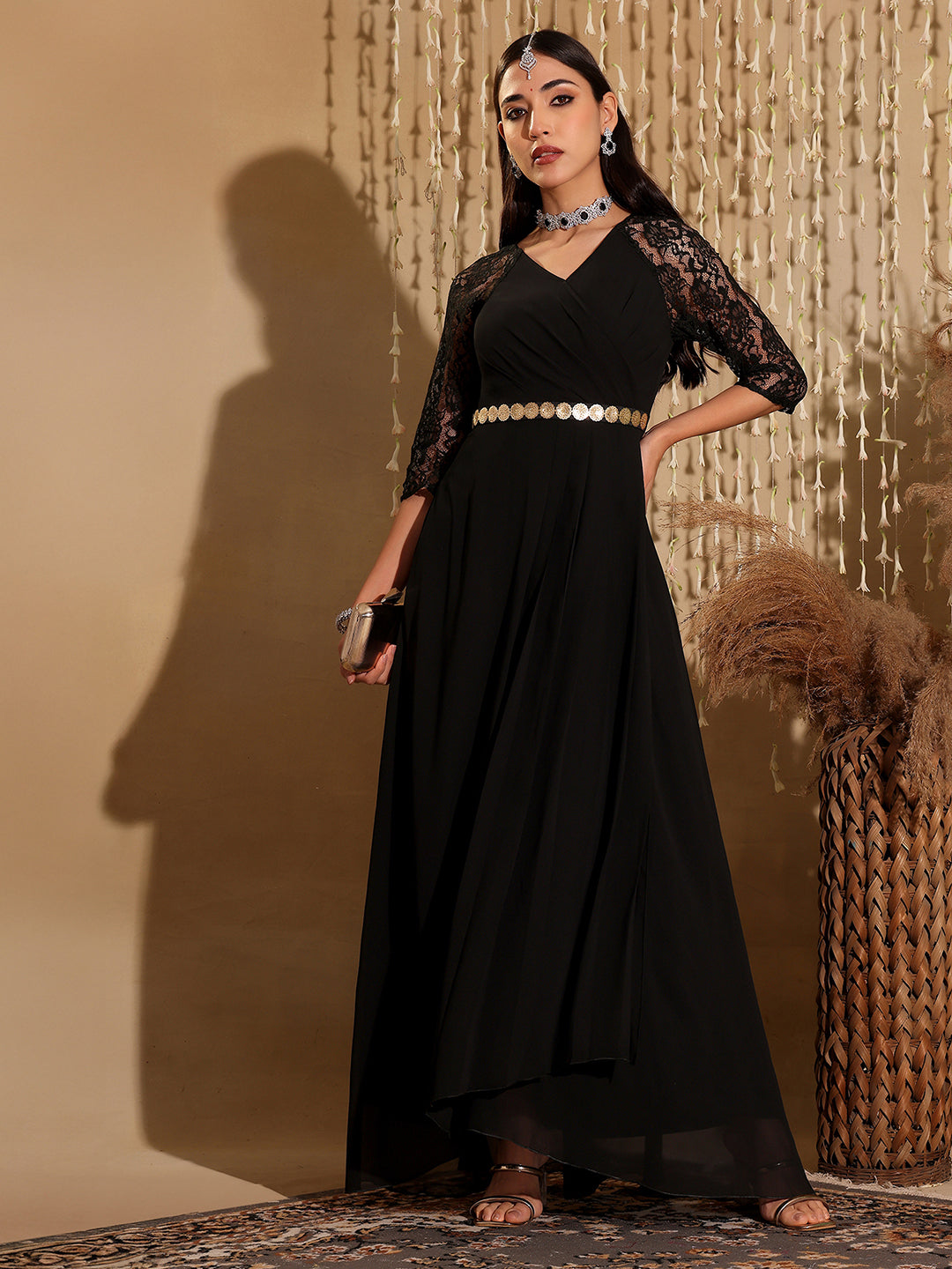 Women's Black V-Neck Raglan Embellished Wrap Maxi Georgette Dress