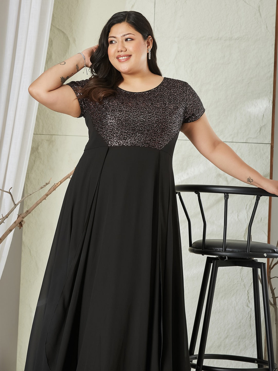 Black Round Neck Short Sleeve Embellished Fit & Flare Maxi Georgette Dress for Women