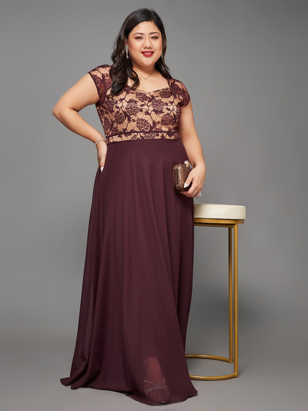 Body Bliss Wine & Beige Floral Lace Overlaid Fit & Flare Paneled Maxi Dress