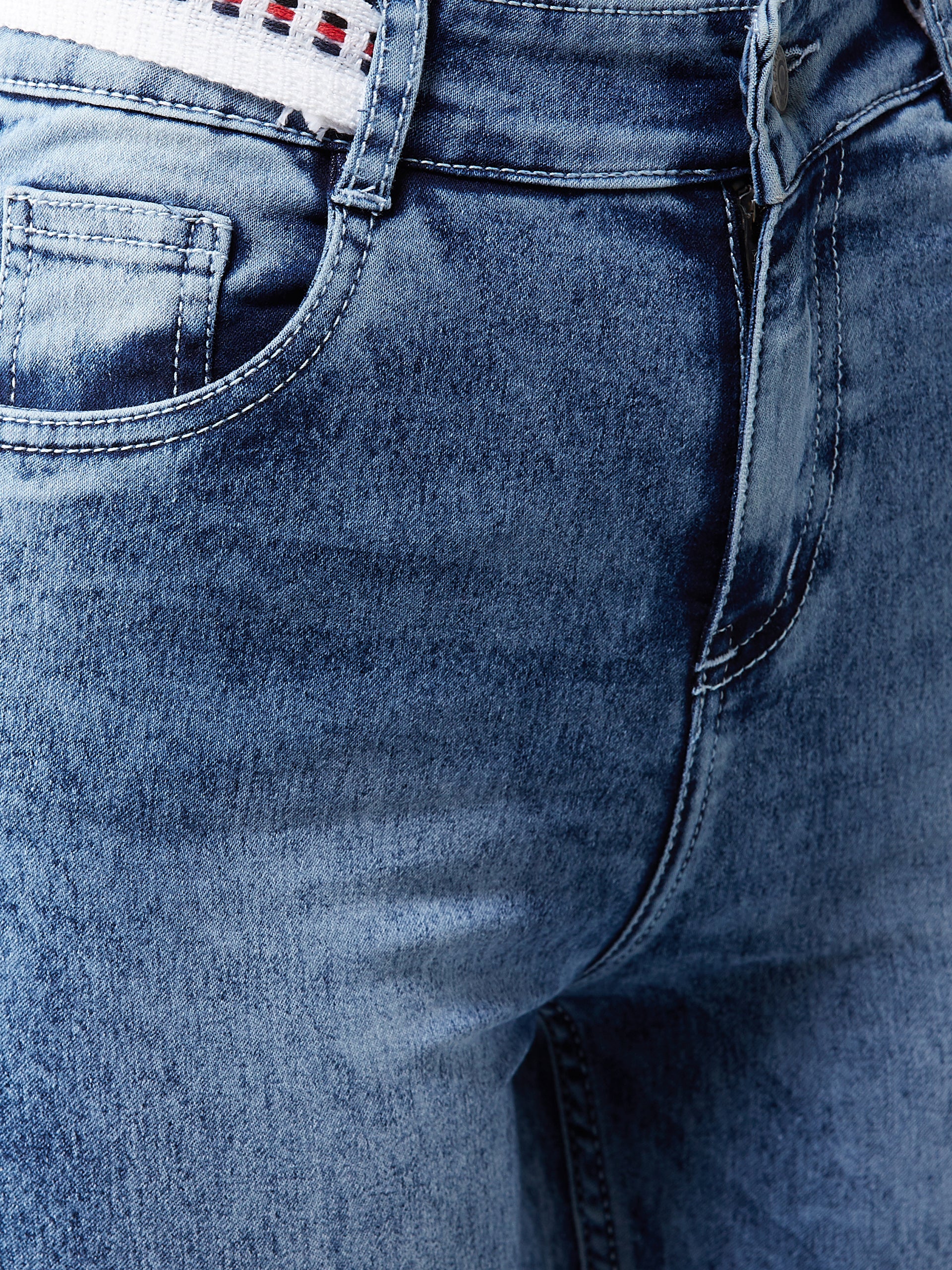 Women's Light Blue Slim-Fit High-Rise Light Wash Twill Tape Detailing Stretchable Denim Jeans