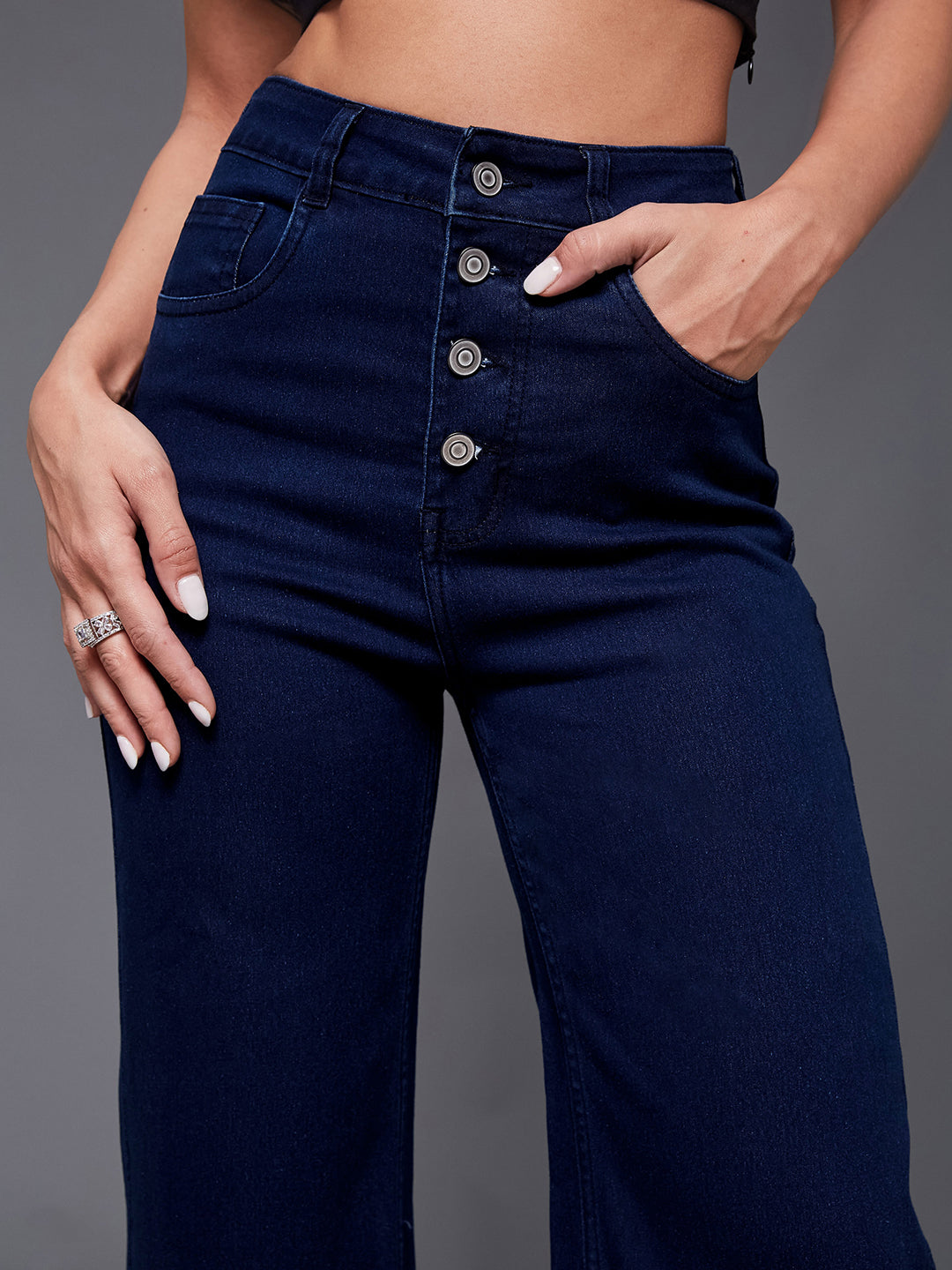 24/7 Comfort Navy-Blue Wide-Leg High-Rise Stretchable Denim Jeans