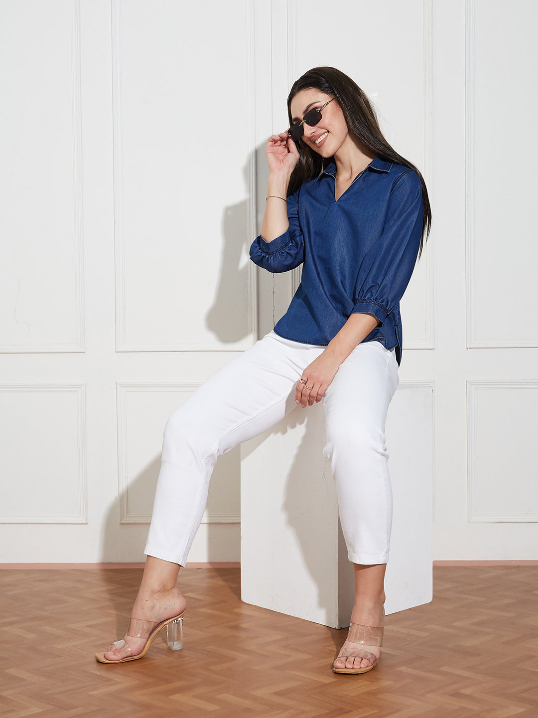 Women's Dark Blue Collar-Neck Puff-Sleeve Solid-Colored Light Weight Denim Tunic Top