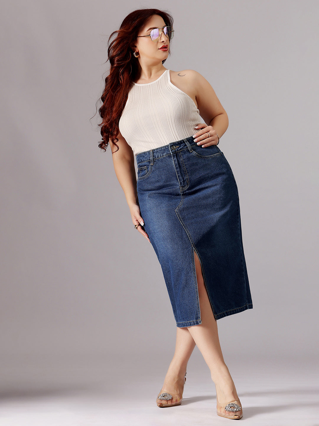 Women's Dark Blue A-Line High-Rise Clean-Look Non-stretchable Denim Midi Skirt