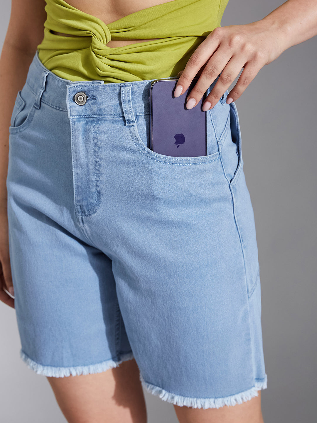 Light-Blue Regular High-Rise Clean-Look Above-Knee Stretchable Denim Shorts for Women