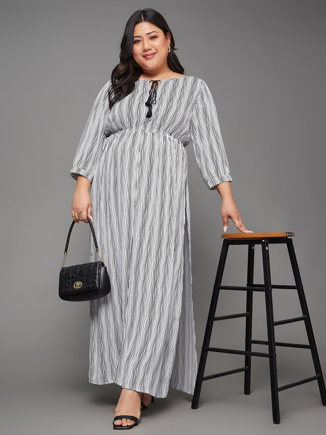 Body Bliss Black & White Striped Tassel Maxi Top