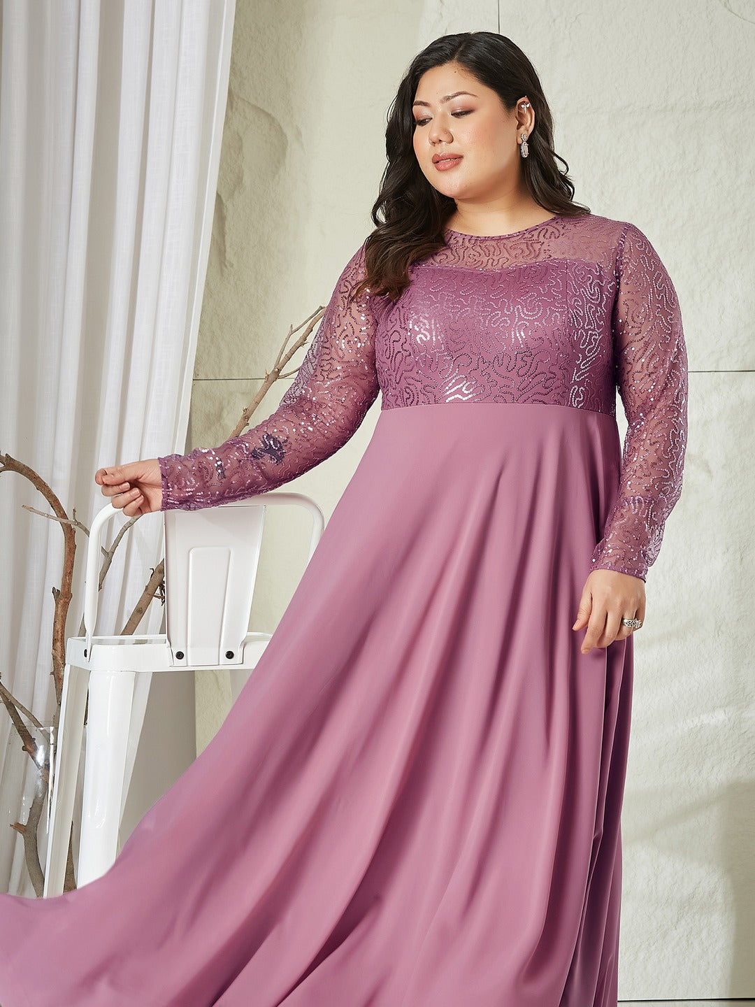 Dusty Lavender Solid Embellished Maxi Dress for Women