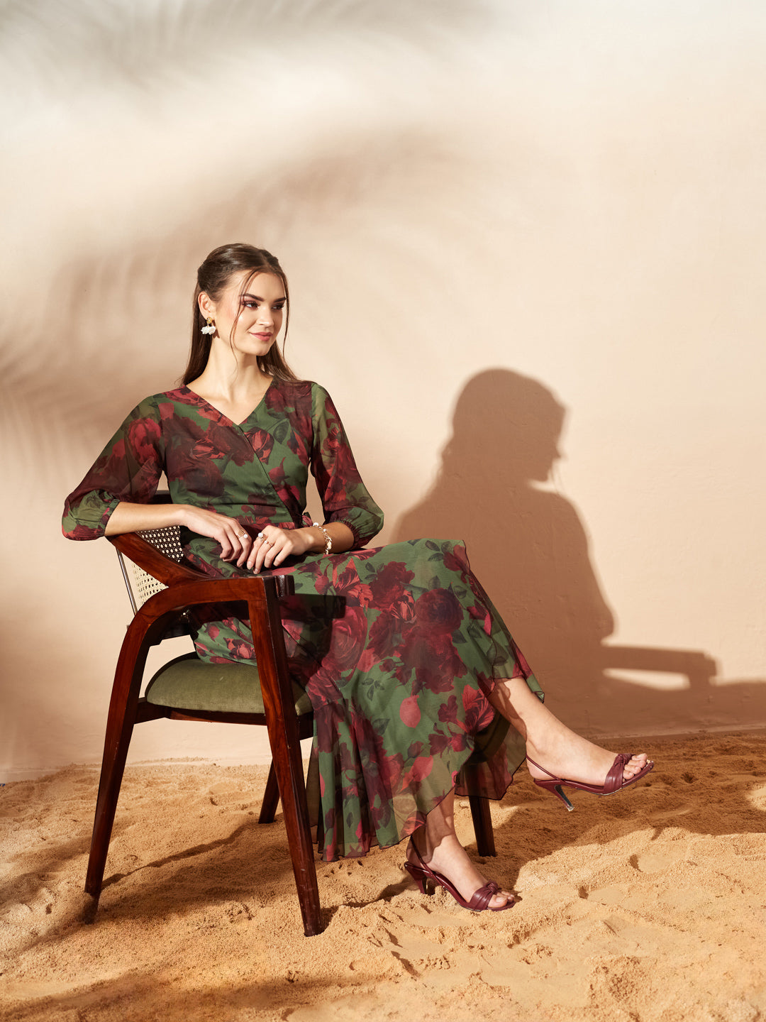 Women’s Olive & Wine Floral V-Neck 3/4 Sleeve Wrap Midi Chiffon Dress for Women — Miss Chase