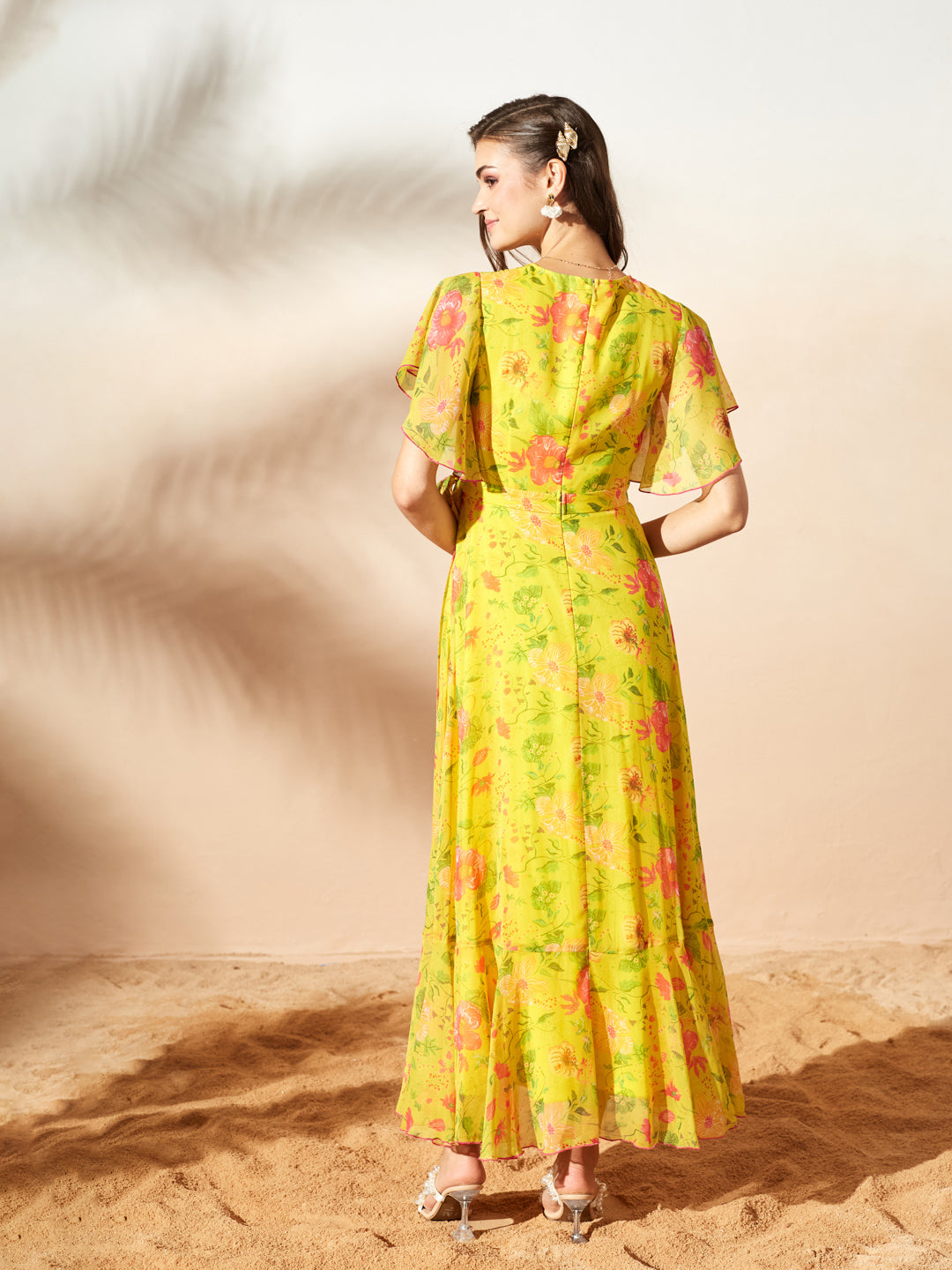 Acid Yellow V-Neck Flared Floral Overlap/Tie-Up Maxi Chiffon Dress for Women