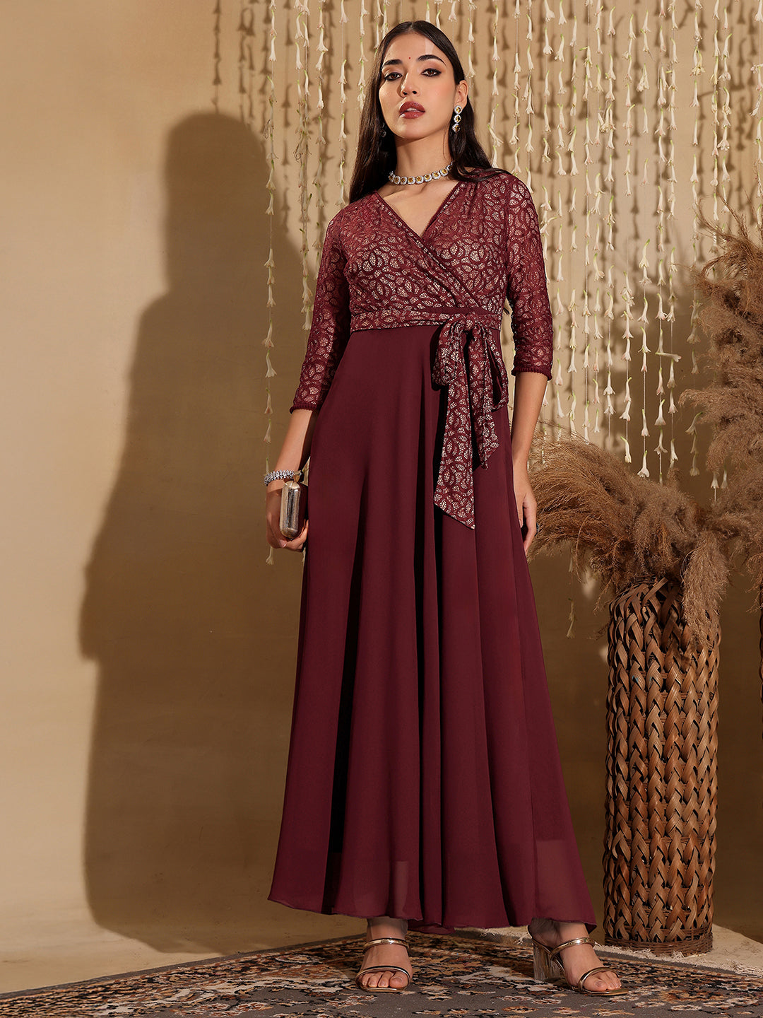Women's Multicolored V-Neck Bishop Sleeve Bohemian Patterned Straight Leg Wrap Regular Silk Jumpsuit