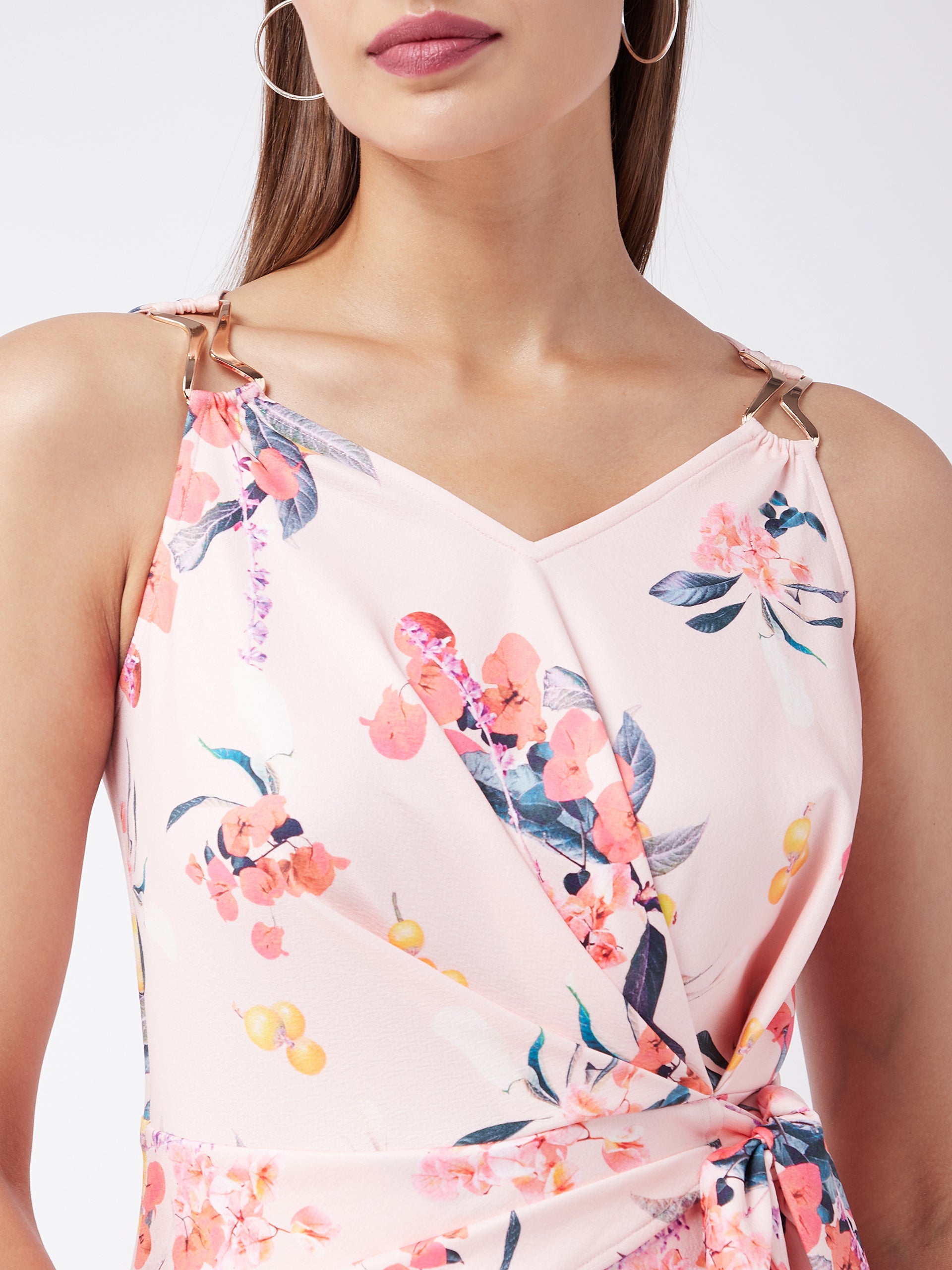 Crease Ease Women's Multicolored-Base-Peach V-Neck Sleeveless Floral Wrap/Wide-Leg Regular Jumpsuit