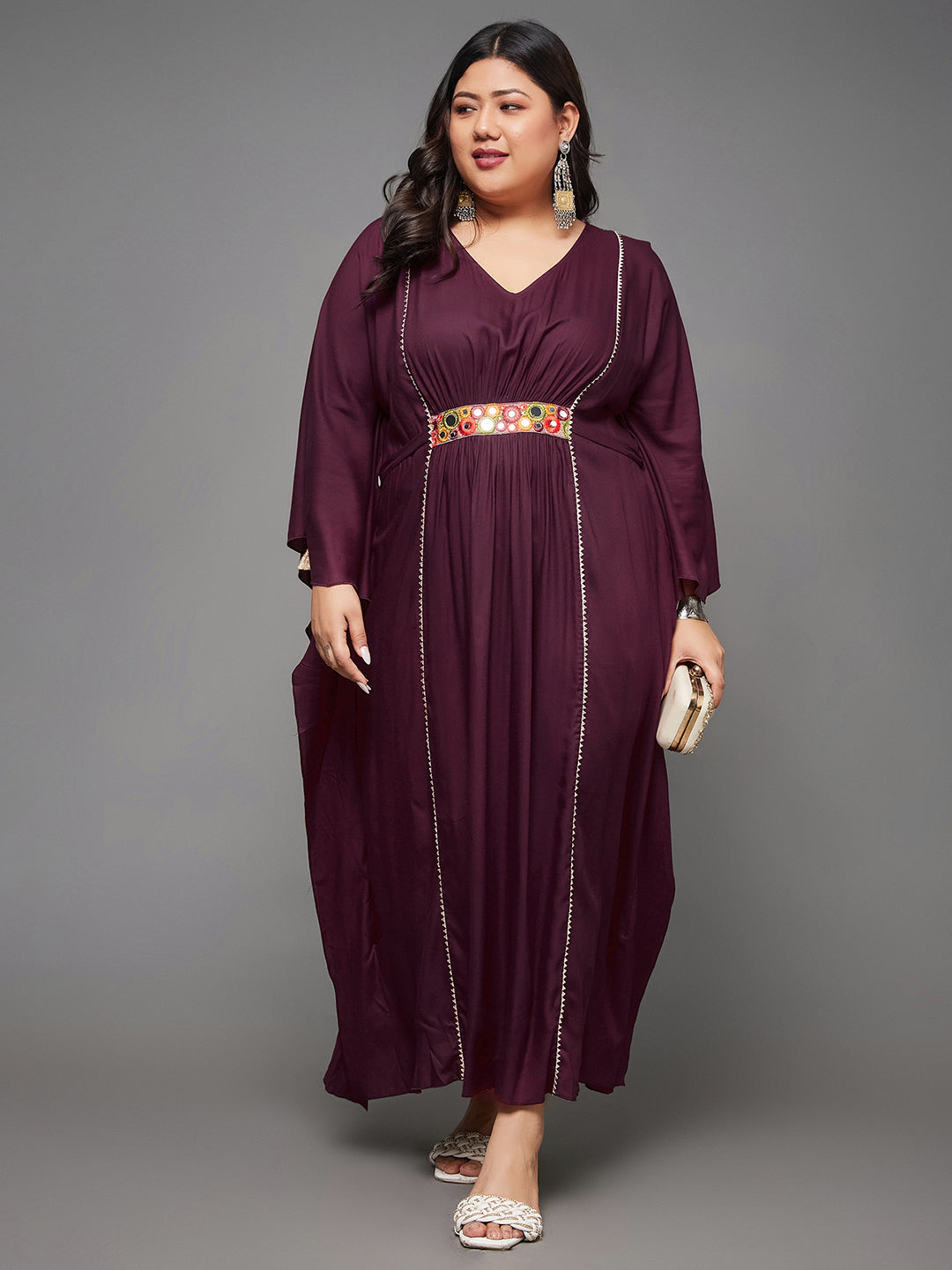Wine Red Kaftan Dress with Multicoloured Embroidered Belt for Women | Indowestern Collection