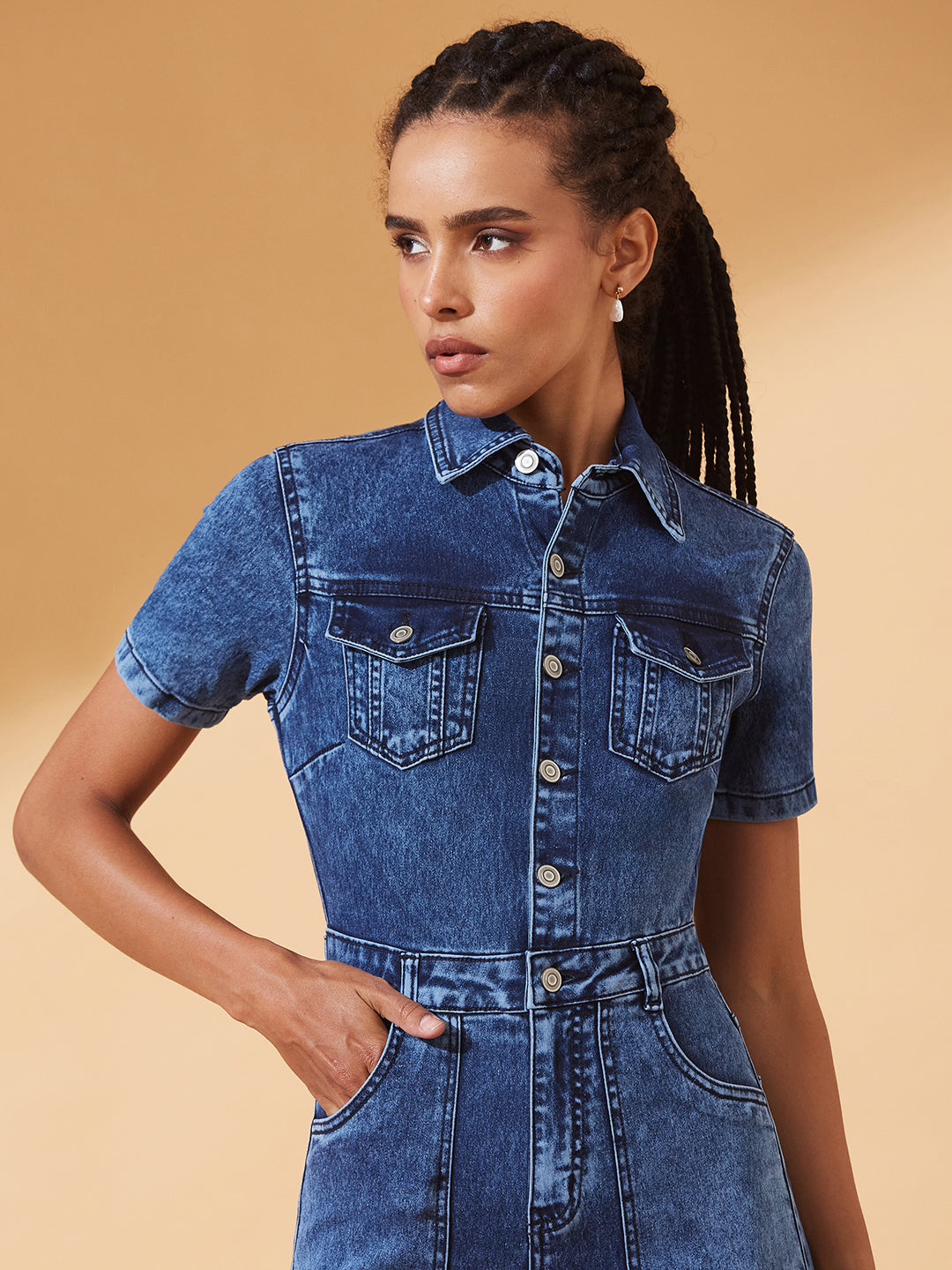 Navy-Blue Flared High-Rise Regular Stretchable Denim Jumpsuit for Women