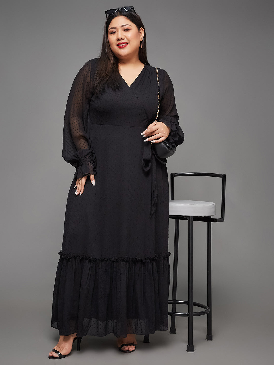 Black Full Sleeves Wrap Maxi Dress Long Dress Gown Frock for Women | Ladies' Birthday Party Dresses