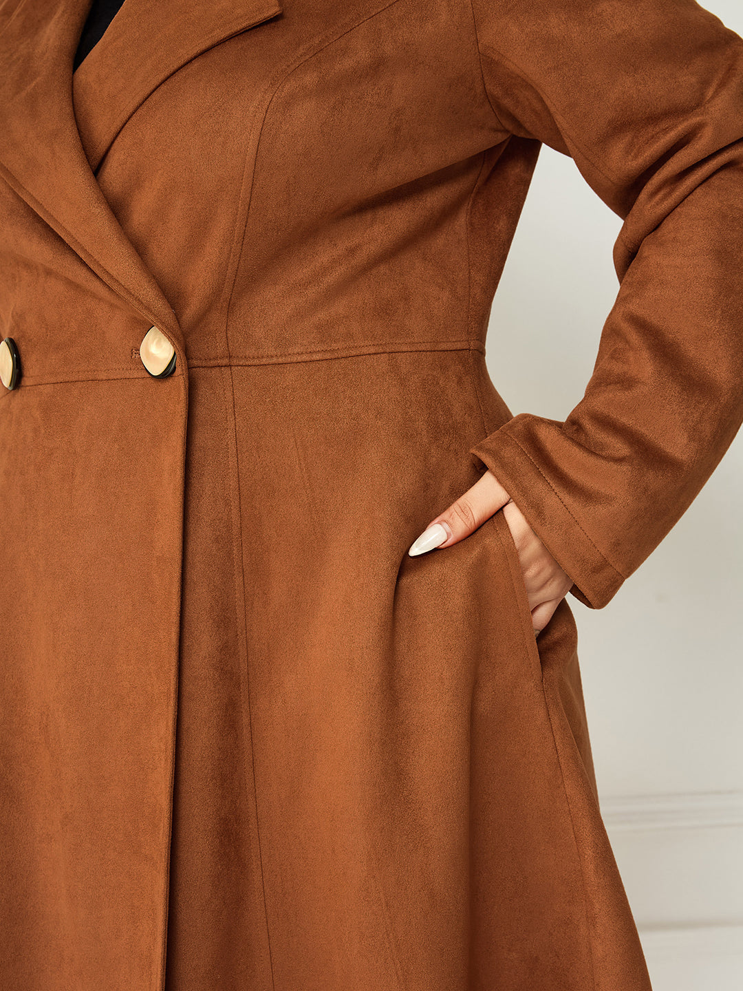 Body Bliss Brown Solid Double Breasted Longline Jacket for Women — Miss Chase A+