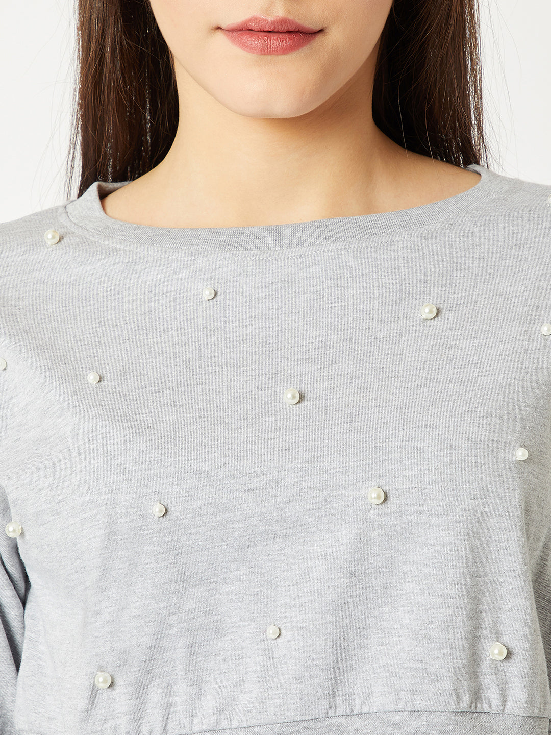 Women's Grey Round Neck Full Sleeve Cotton Solid Pearl Detailing Boxy Crop Top